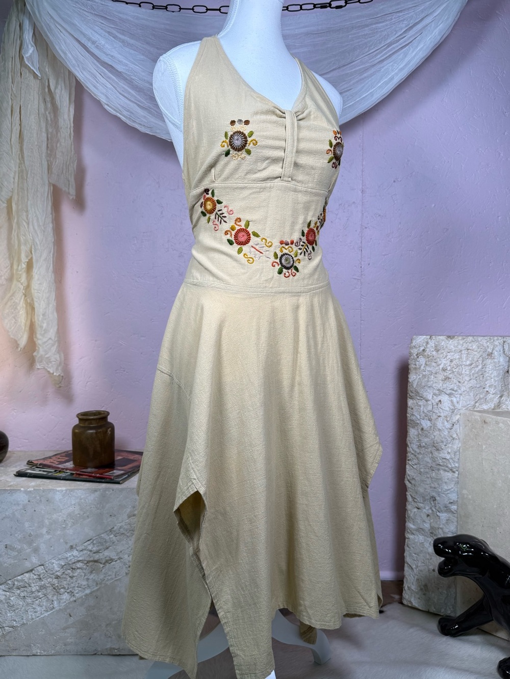 Vintage Embroidered Halter Midi Dress Size Medium
